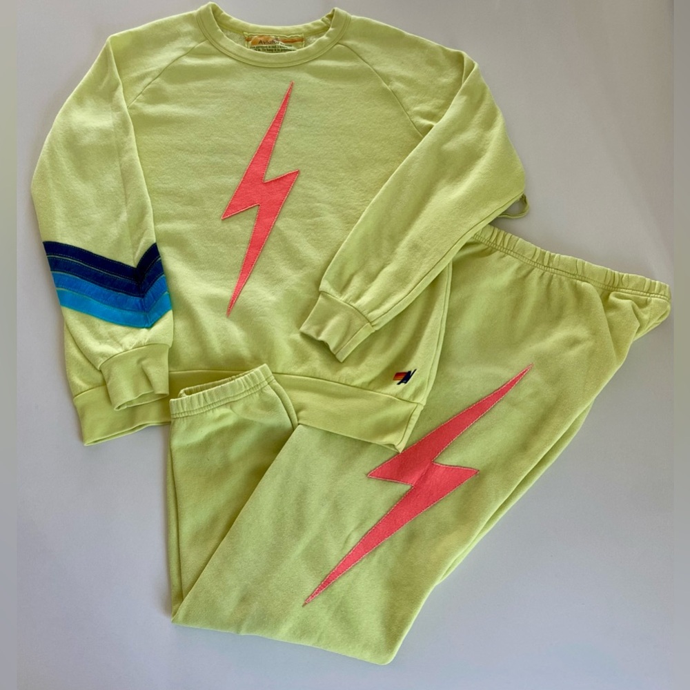 Aviator Nation Lime Green Sweatshirt & Hoodie Set with Pink Lightning Bolt